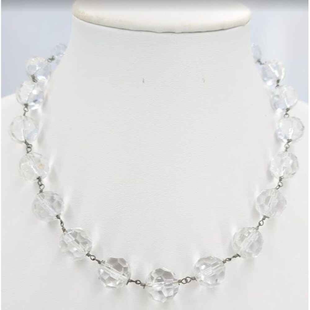 Clear Quartz 14mm Bead Necklace Faceted Round Statement Silver Tone 18 In 62 g